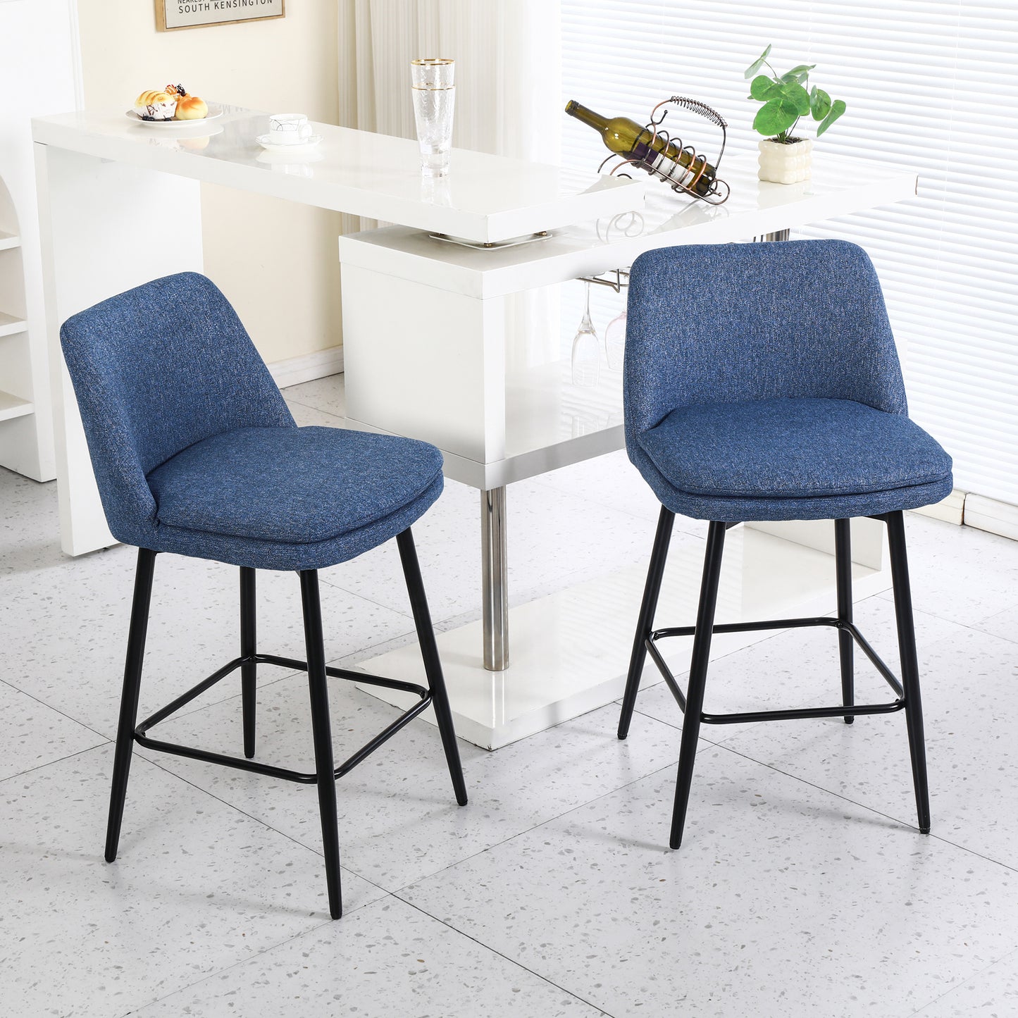 Counter Height Swivel Bar Stools Set of 2, 360° Swivel Upholstered Barstools with Back and Metal Legs, 25.6" Seat Height,Counter Stools for Kitchen Island and Pub,Linen Cloth,Blue Linen