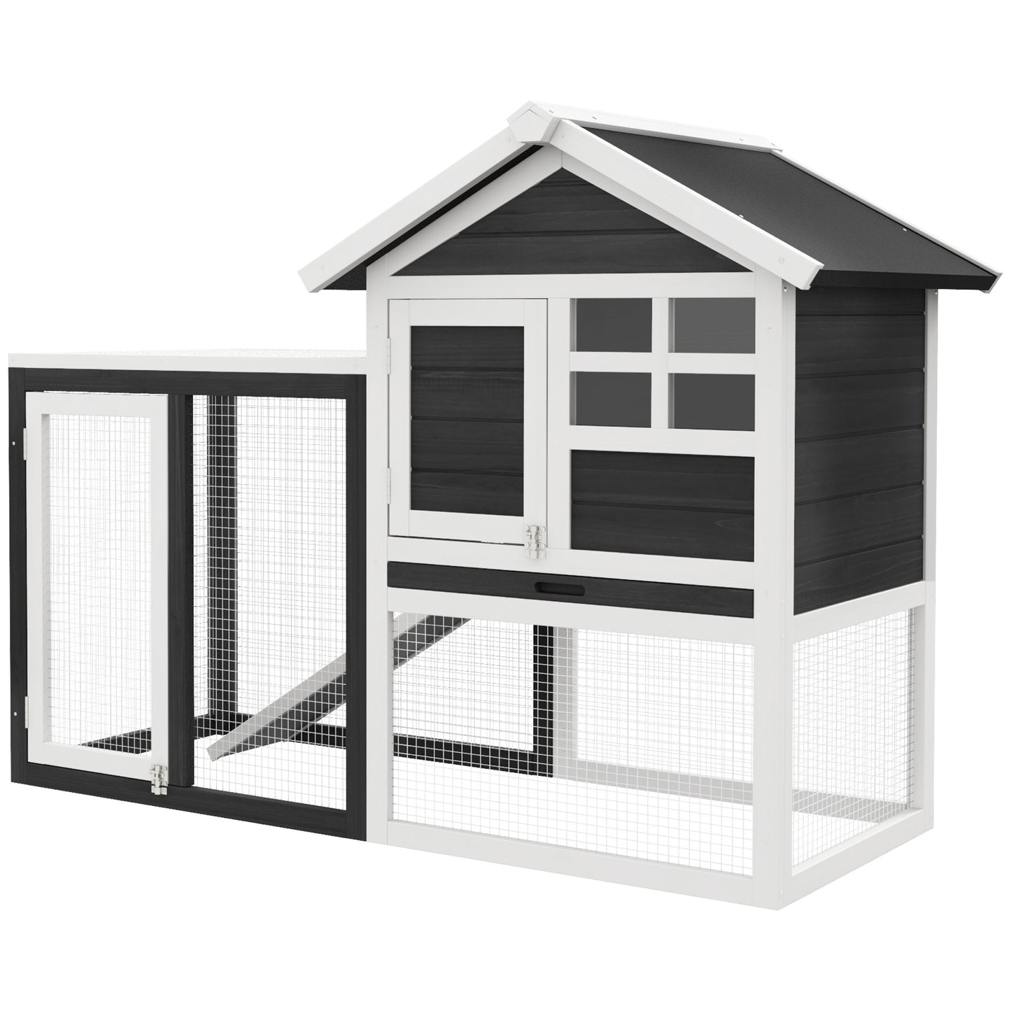 PawHut 48" Wooden Rabbit Hutch Bunny Cage with Waterproof Asphalt Roof, Fun Outdoor Run, Removable Tray and Ramp, Grey