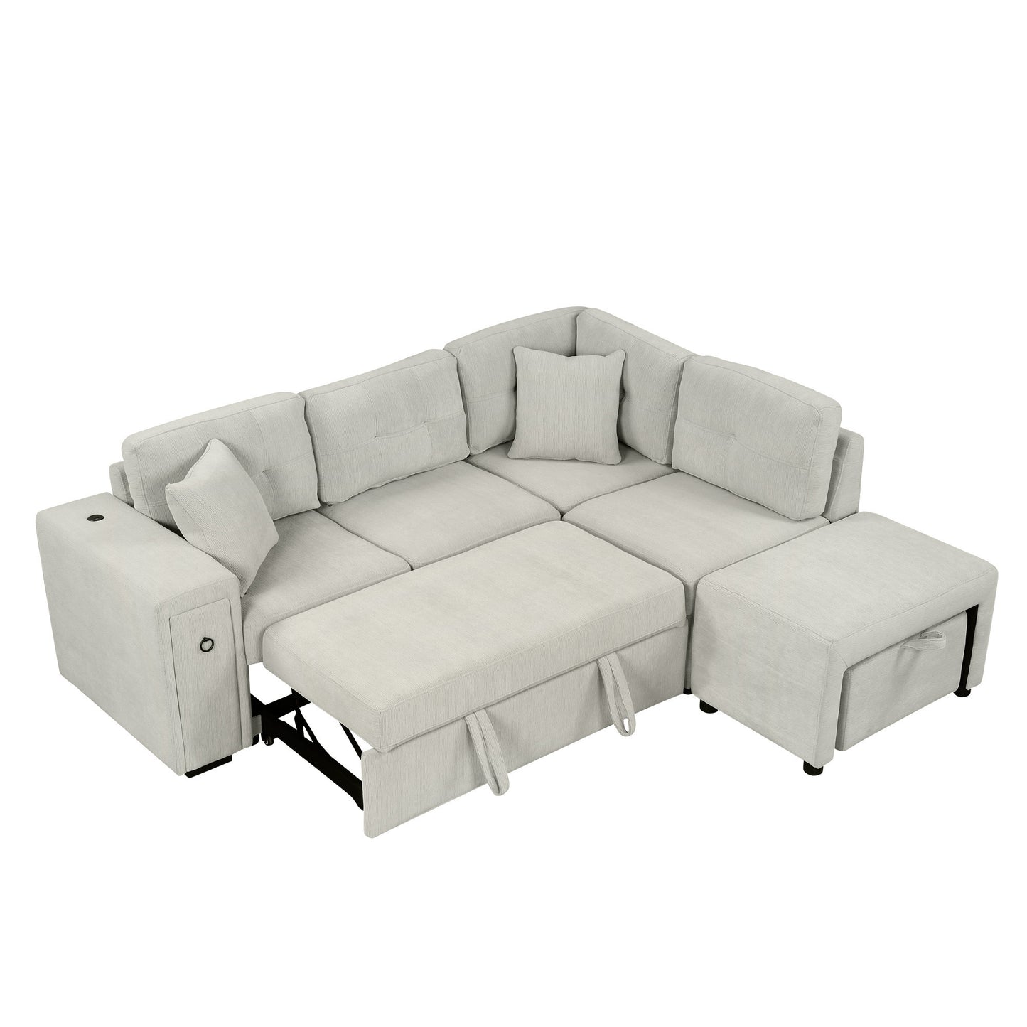 86.6" Sectional Sofa L-shaped Sofa Couch Pull-out Sofa Bed with a Movable Ottoman, Two USB Ports and Two Cup Holders for Living Room, Gray