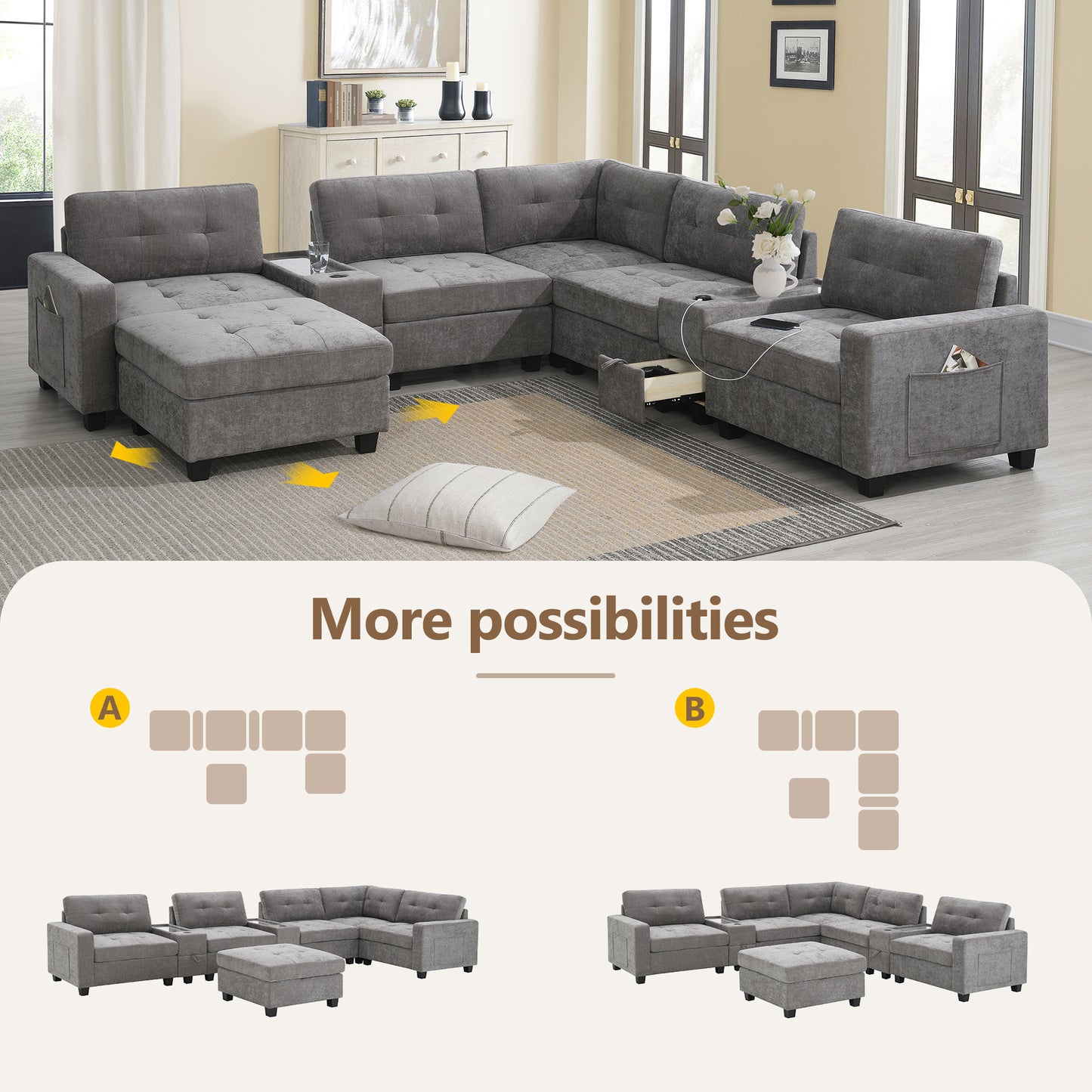 104'' Sectional Sofa with Acrylic Table Top,Chenille U Shaped Couch Set with 2 Consoles,USB Charger,Storage Drawers and Pockets,Movable Ottoman,Tufted Sofa for Living Room,Apartment,2 Colors