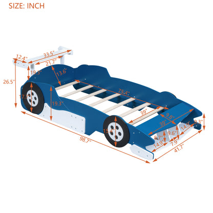 Twin Size Race Car-Shaped Platform Bed with Wheels,Blue