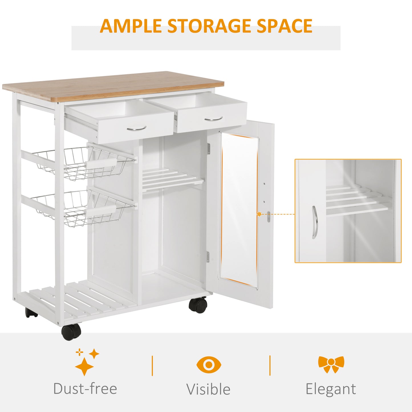 HOMCOM 28" Rolling Kitchen Island with Storage, Kitchen Cart with Solid Bamboo Top, Wire Basket,Door Cabinet and Drawers, White