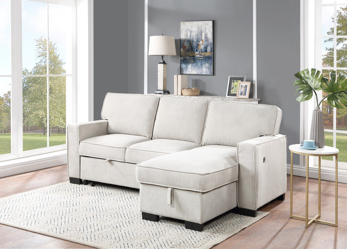 Estelle 86.5" Beige Fabric Reversible Sleeper Sectional with Storage Chaise Drop-Down Table 2 Cup Holders and 2USB Ports