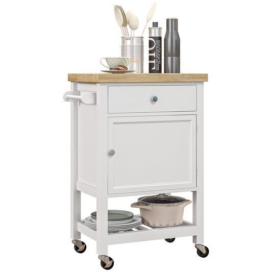 HOMCOM Utility Kitchen Cart, Rolling Kitchen Island with Smooth Rubberwood Top, Narrow Butcher Block Surface on Wheels with Storage Drawer & Cabinet, White