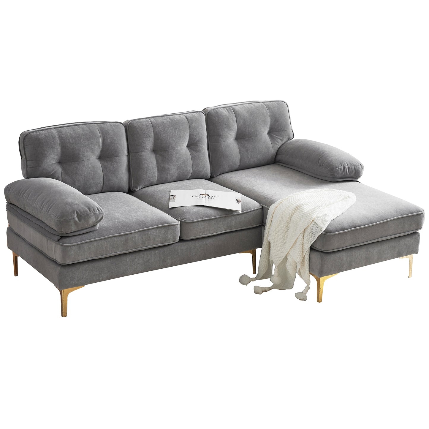 83" Modern Sectional Sofas Couches Velvet L Shaped Couches for Living Room, Bedroom, Light Grey