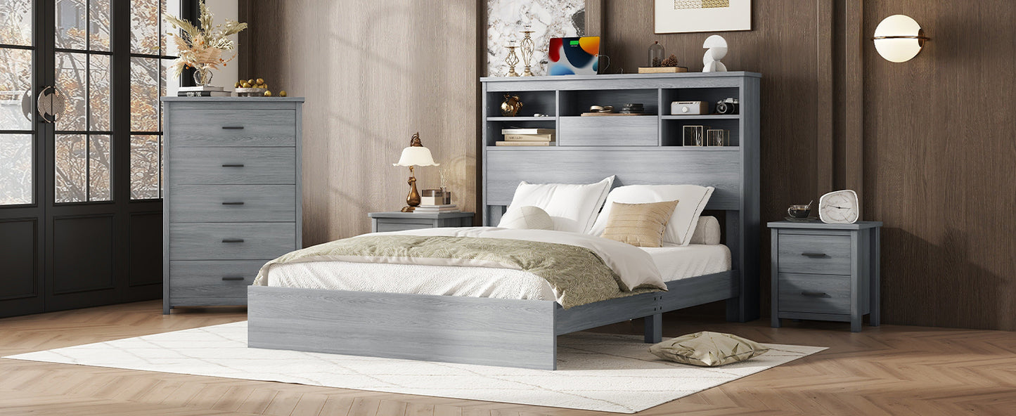 4-Pieces Bedroom Sets Queen Size Vintage Wooden Bed Frame with 2 Nightstands and 1 Dresser,Light Gray