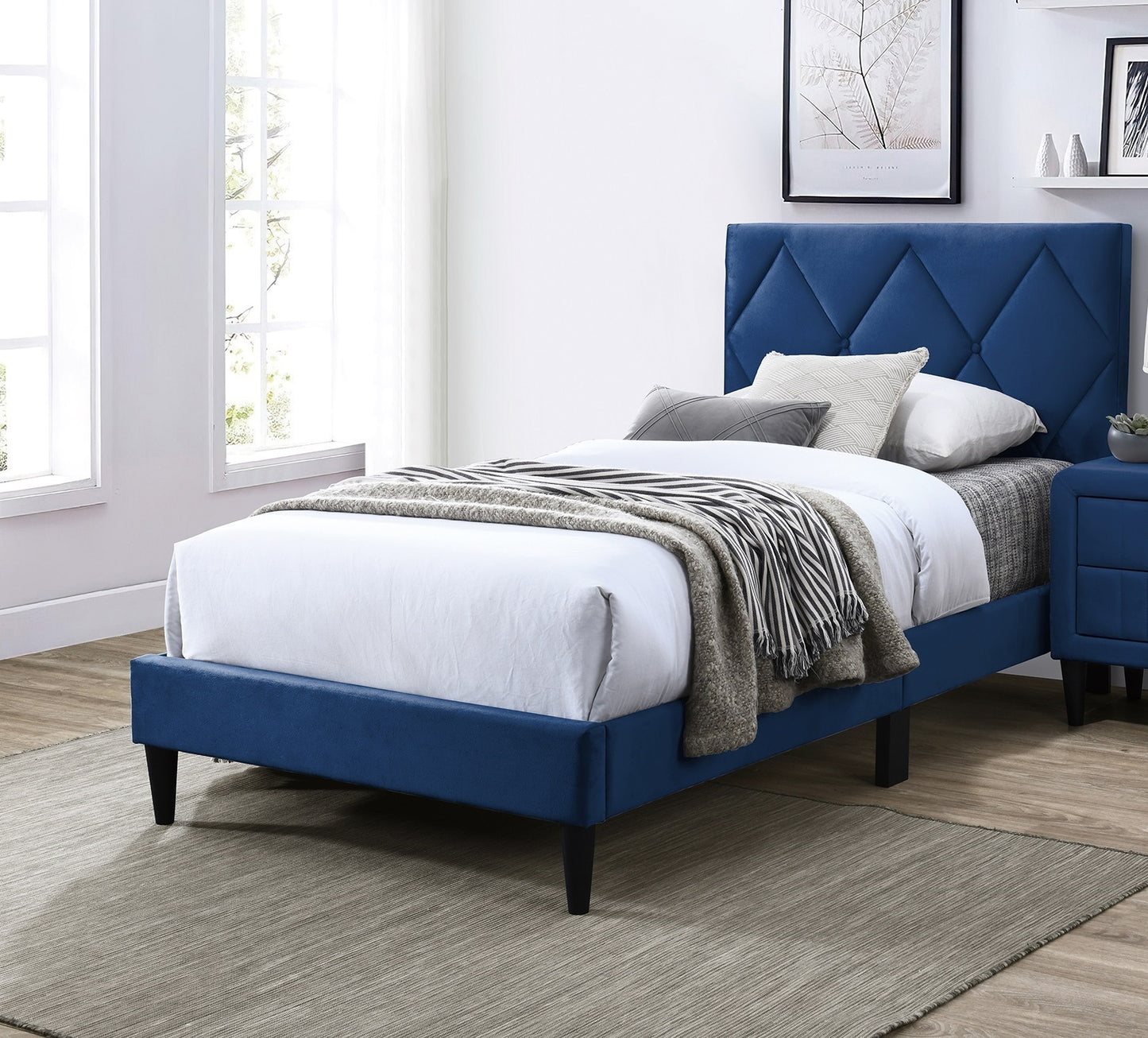 Twin Size Bed w Adjustable Headboard 1pc Bedframe, Navy Blue Velvet Upholstered Youth Bedroom Furniture