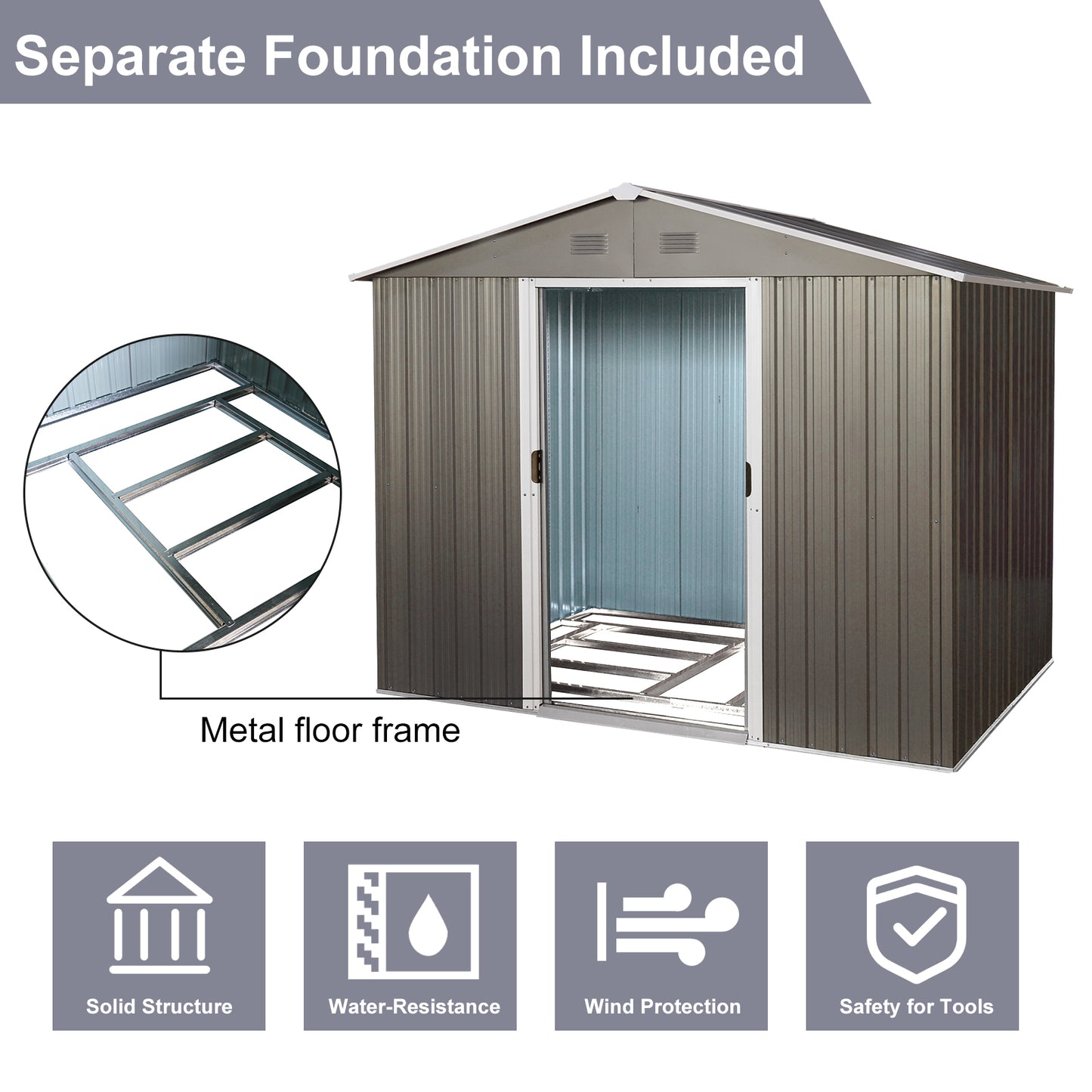 8ft x 6ft Outdoor Metal Storage Shed with Metal foundation,Gray (SKU: W540S00012)