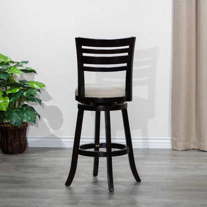 30" Bar Height Slat Back Swivel Stool, Espresso Finish, Beige Fabric Seat