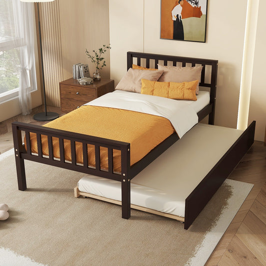 Twin Bed with Trundle, Platform Bed Frame with Headboard and Footboard, for Bedroom Small Living Space,No Box Spring Needed,Espresso(Old SKU:W50440557)