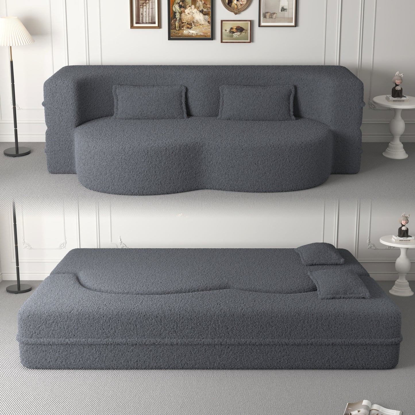 Modern Floor Sofa with 2 Pillows,Convertible Teddy Fabric Foam-Filled Sleeper Sofa Bed,15" Full Size Folding Mattress for Living Room,Guest Bed,Playroom,no assembly required,Grey(Old Sku:W1885P190392