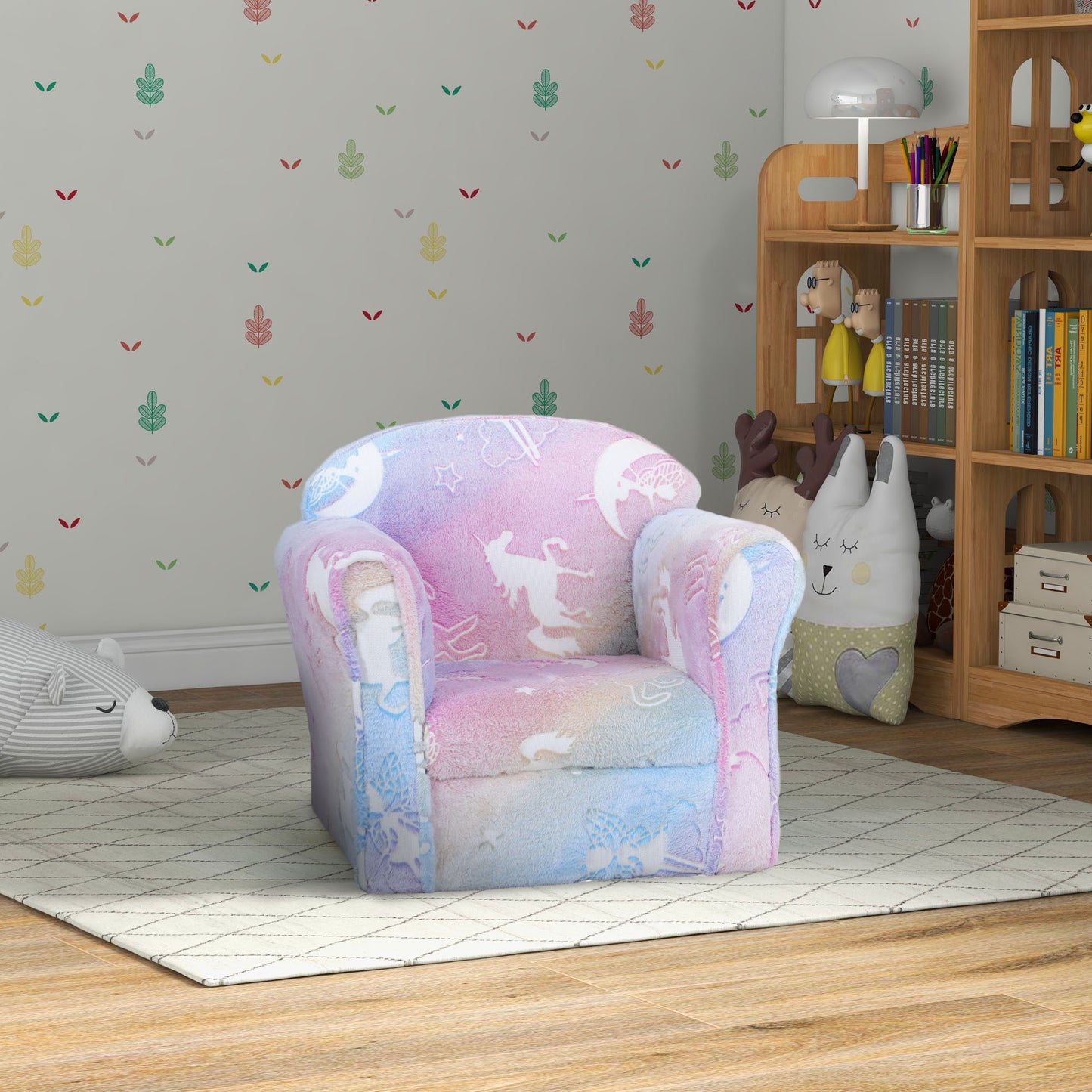 Qaba Kids Sofa Chair, Toddler Sofa with Glow in the Dark Fairy Design & Wooden Frame, Upholstered Baby Sofa for 18-36 Months for Bedroom, Livingroom, Playroom, Kid Room, Multicolor