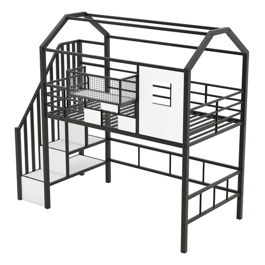 Metal Loft Bed with Roof Design and Storage Box, Twin, Black, Metal Frame with Guardrails and Integrated Ladder