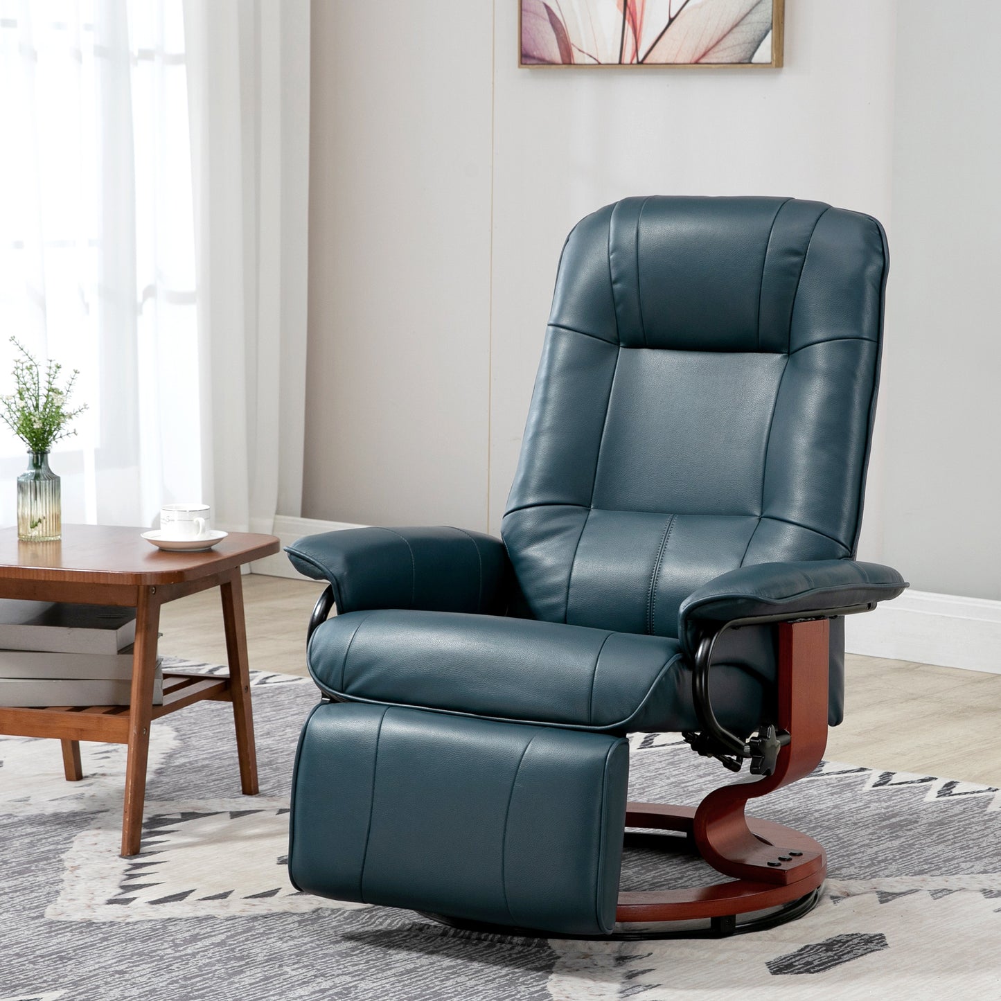 HOMCOM Faux Leather Manual Recliner with Swivel Wood Base, Blue