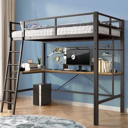 Twin Metal Loft Bed with L-Shaped Desk, Charging Station Loft Bed Frame Twin Size, Safety Guard & Ladder, No Box Spring Needed, Black