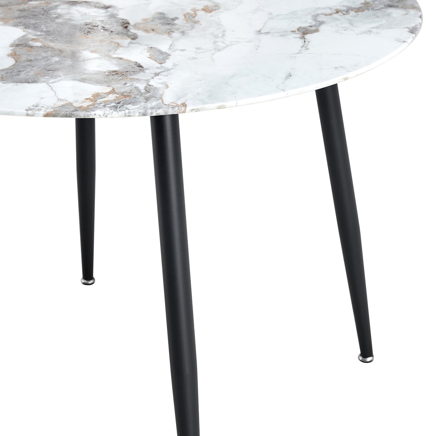 A modern minimalist circular dining table with a diameter of 40 inches, a 0.3 inch thick imitation marble pattern tabletop and black metal legs  40 '* 40' * 30 'DT-1164