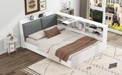 Wood Full Size platform bed with Storage Headboard, Shelves and 2 Drawers, White