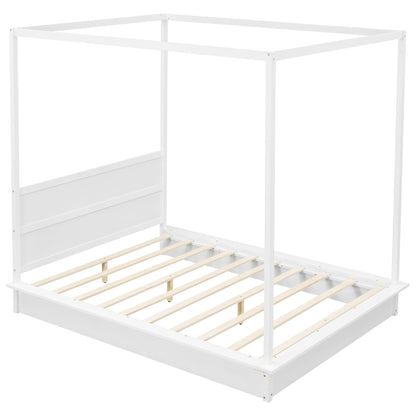 Queen Size Wood LED Canopy Bed ,Canopy Platform bed With Support Slats, No Box Spring Needed, White