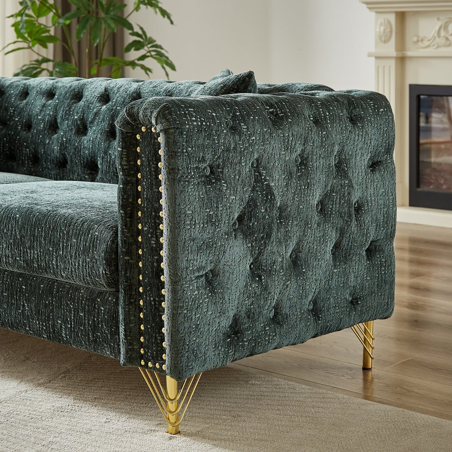 82-Inch Chenille Pull Buckle Design Sofa for Living Room,Buttons Tufted With Copper Nail Decoration Armrest, Modern Couch Upholstered Button And Metal Legs