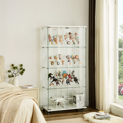 4 Tier Glass Display Cabinet, Double Door Glass Cabinet with Two Locks, Floor Standing Storage Cabinet with 6 Acrylic Shelves for Living Room, Bedroom and Office, White, 31.5"L x 14.2"W x 65.1"H