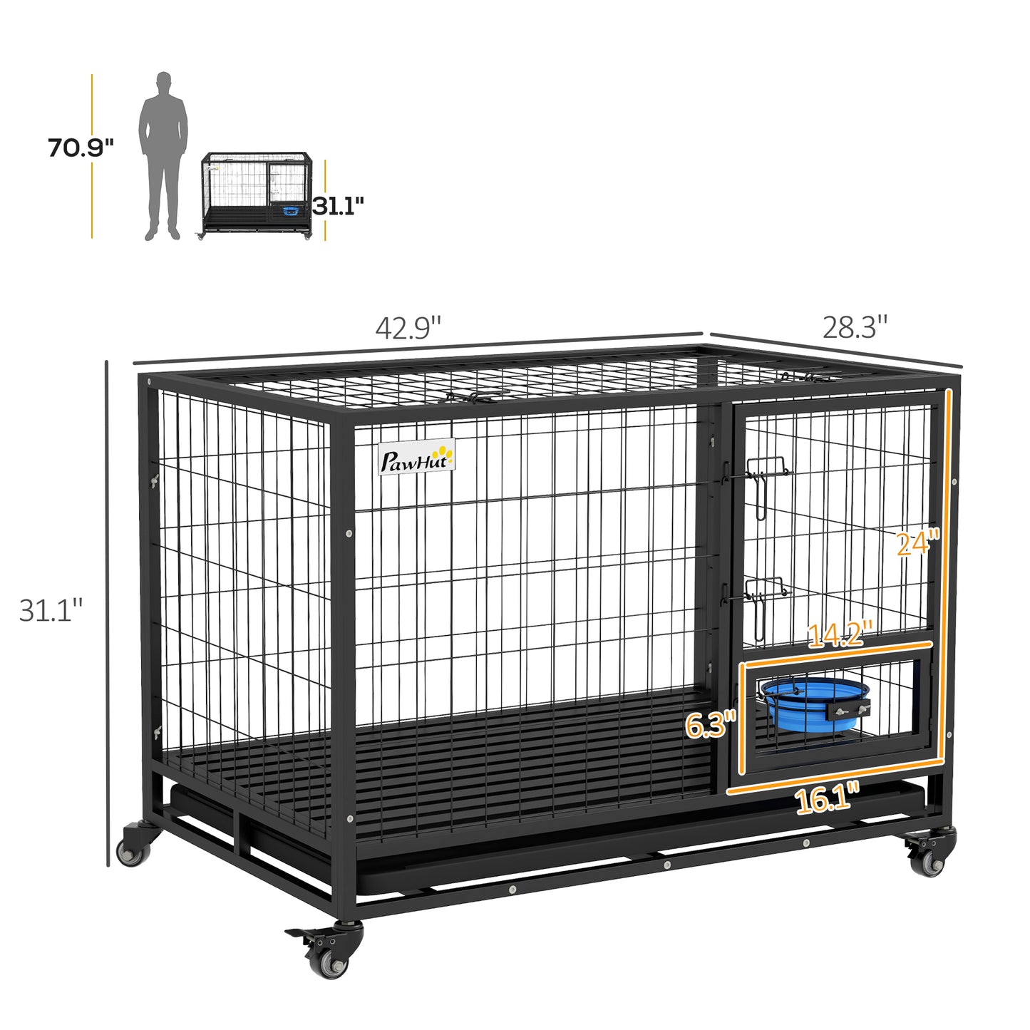 PawHut 43" Heavy Duty Dog Crate with Bowl Holder, Strong Steel Dog Crate with Wheels, Detachable Door, Openable Top and Removable Tray for Large and Extra Large Dogs, Black