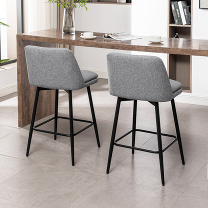 Counter Height Swivel Bar Stools Set of 2, 360° Swivel Upholstered Barstools with Back and Metal Legs, 25.6" Seat Height,Counter Stools for Kitchen Island and Pub,Linen Cloth,Grey