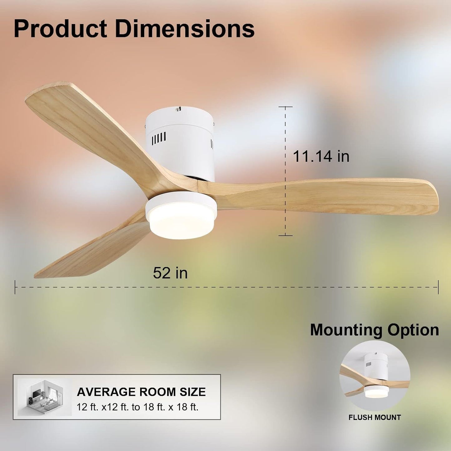 52 Inch Decorative Ceiling Fan With 6 Speed Remote White 3 Solid Wood Blades Reversible DC Motor For Living Room