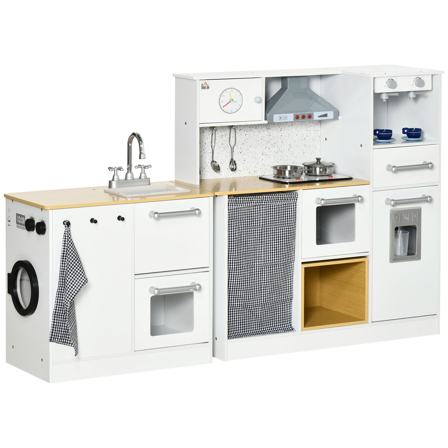 Qaba Kids Wooden Kitchen Playset with Sound Effects and Tons of Countertop Space, Wooden Corner Play Kitchen Set with Washing Machine, Imaginative Toy Pretend Restaurant, Ages 3-6, White