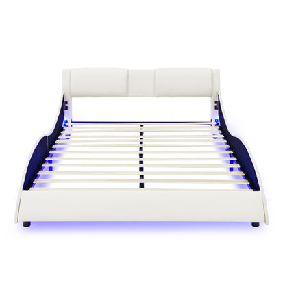 Queen Led Bed Frame Modern Faux Leather Upholstered Platform Bed Frame with RGB LED Lights and Headboard Wave Like Curve Low Profile Bed Frame,Wood Slats Support,Easy Assembly, White