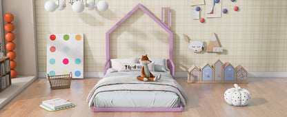 Twin Size Metal Floor Bed with House-shaped Headboard, Pink