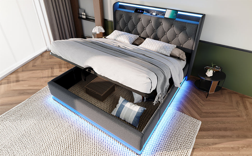 Full size Upholstered bed, 360 surround LED function, Buttons/Apps/Remote Control, hydraulic storage bed with USB Type-C charging, Gray,Linen (Without mattress)