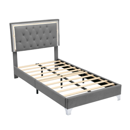 Twin Size Upholstered Bed Frame with LED Lights,Modern Velvet Platform Bed with Tufted Headboard,Grey