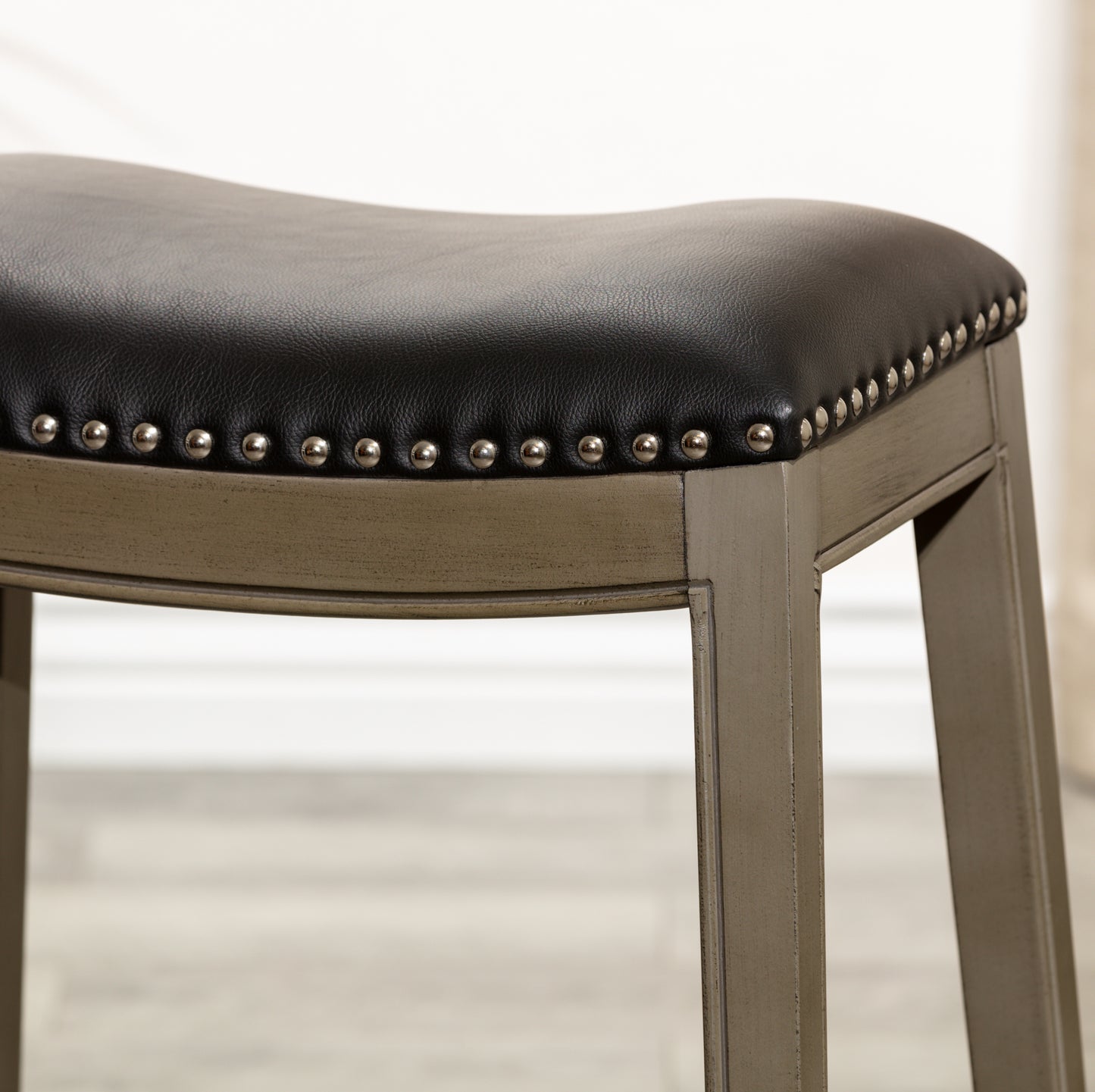 30" Bar Height Saddle Stool, Weathered Gray Finish, Black Leather Seat