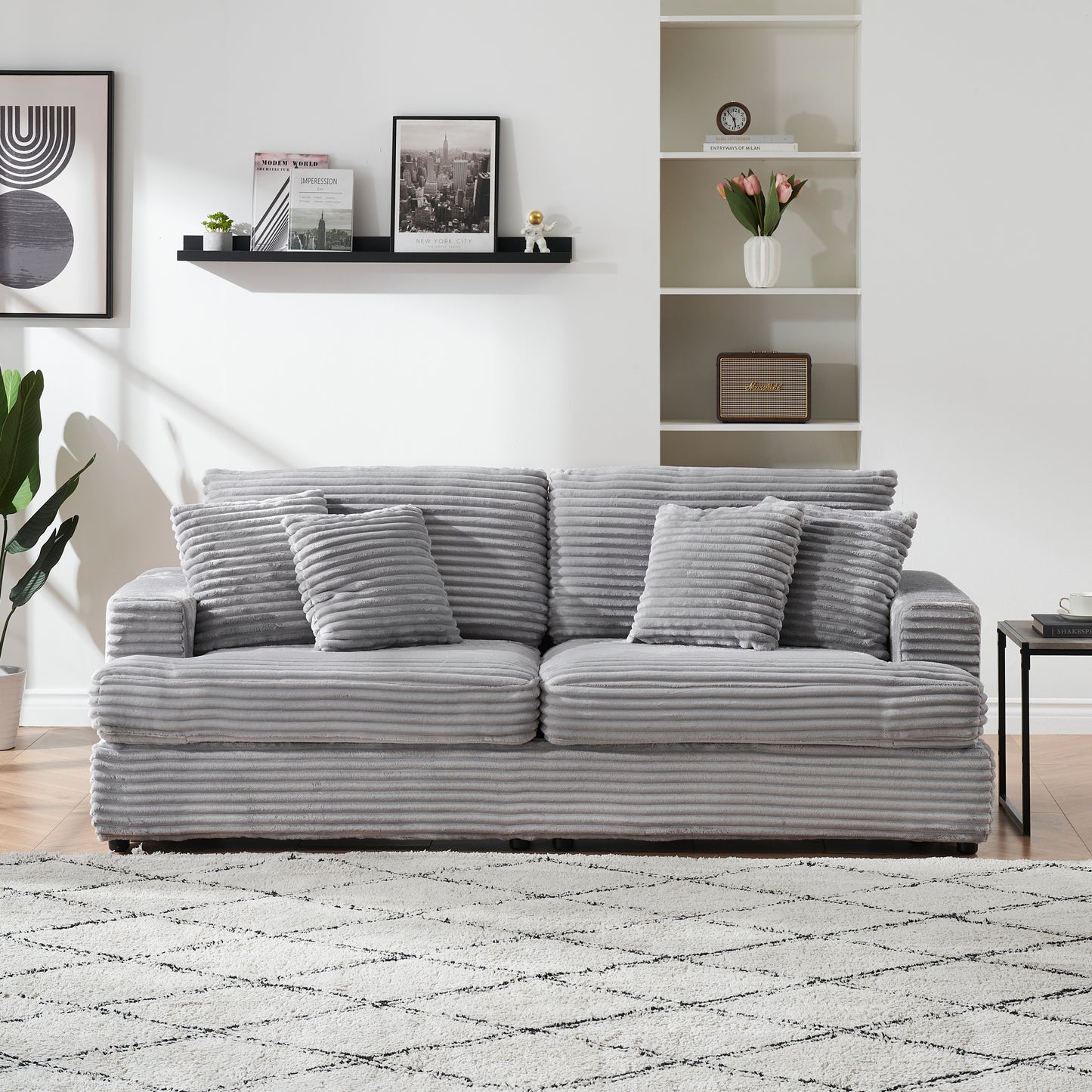 79.3 inches long, Corduroy Sofa, with 4 Matching Toss Pillows Sleek Design Spacious and Comfortable 3 Seater Couch for Modern Living Room,Gray