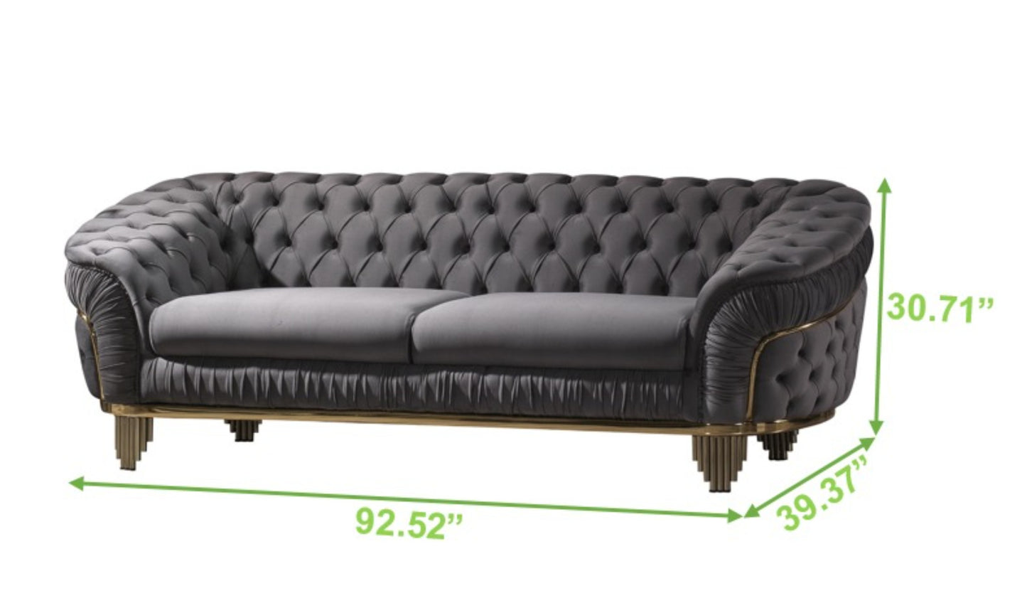 Vanessa Sofa in Grey and Gold with Fabric button-tufted velvet upholstery Finish