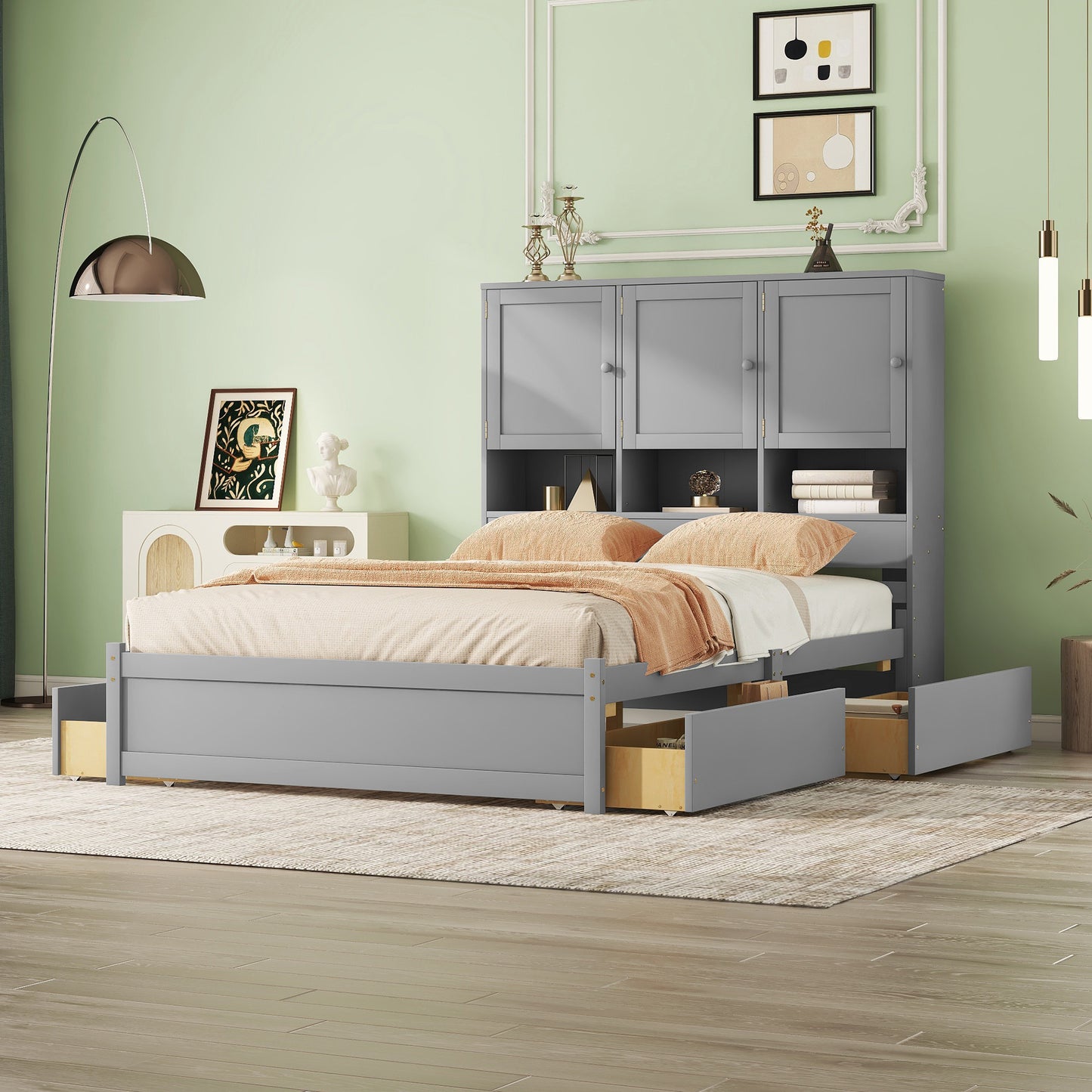 Queen Size Platform Bed with Storage Headboard and 4 Drawers, Gray