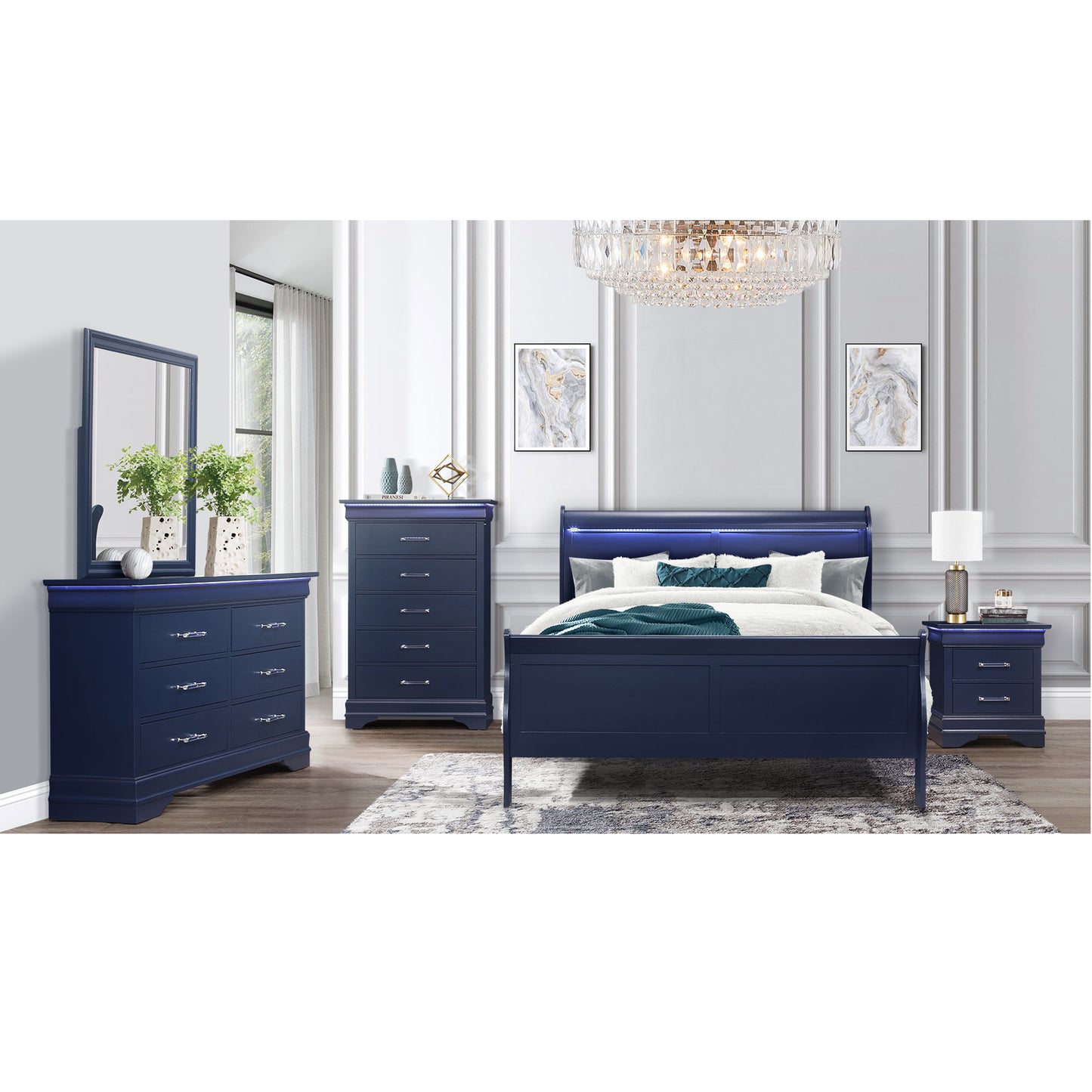 CHARLSTON BLUE KING BED WITH LED