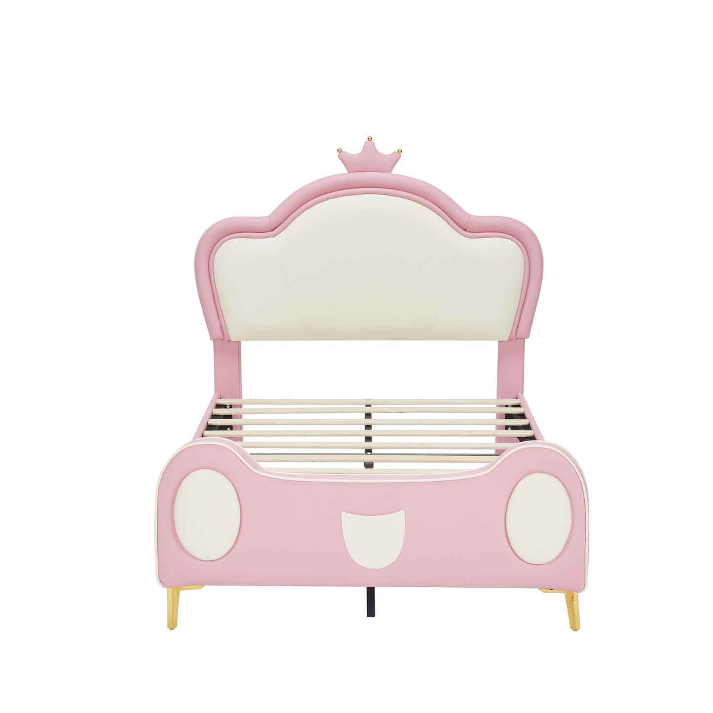 {NEW}Twin Size Princess Bed with Crown Headboard, PU Upholstered Platform Bed , Twin Size Bed Frame with Bed-End Storage Pocket for Kids Girl, No Spring Box Needed, Easy Assembly, Pink