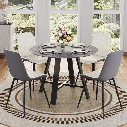 Table and chair set.Modern minimalist 42 'diameter Round MDF Dining Table Set - 4 Extended Seat Cushion PU Dining Chair Set.Gray Wood Grain MDF Table Top,White and Dark Gray Spliced Color Cushion.