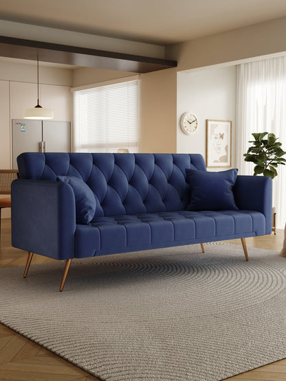 71-inch convertible love seat sofa, American retro blue velvet material, suitable for small living room, bedroom, office