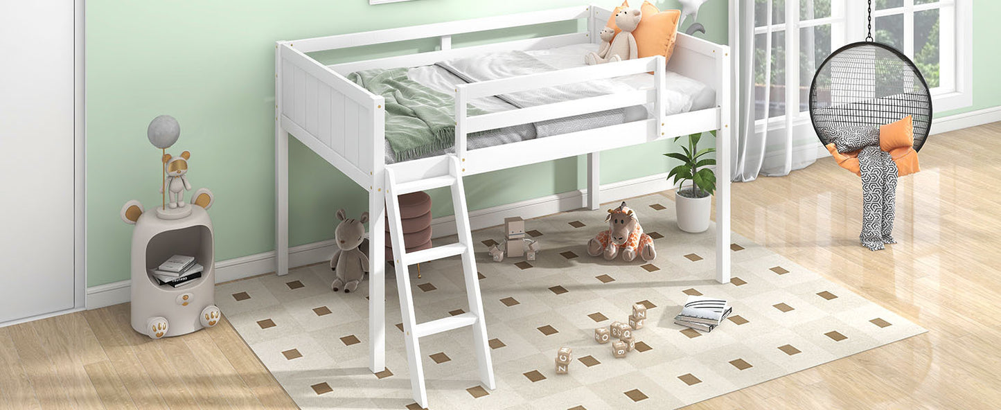 Twin Size Wood Low Loft Bed with Ladder, ladder can be placed on the left or right, White