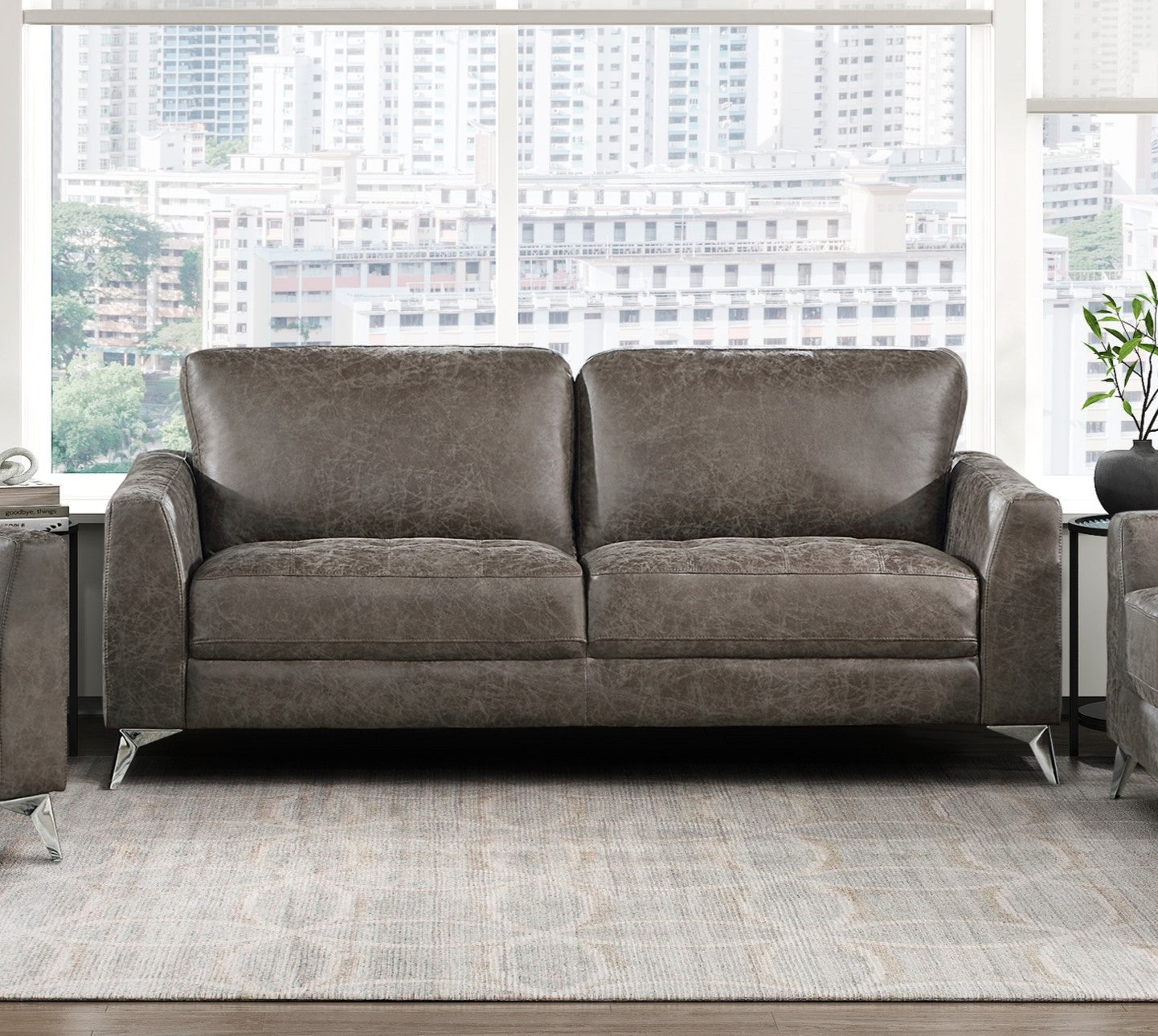 Elegant Modern Style 3pc Sofa Set Brownish Gray Polished Microfiber Upholstery Sofa Loveseat Chair Solid Wood Living Room Furniture Silver Finish Metal Legs