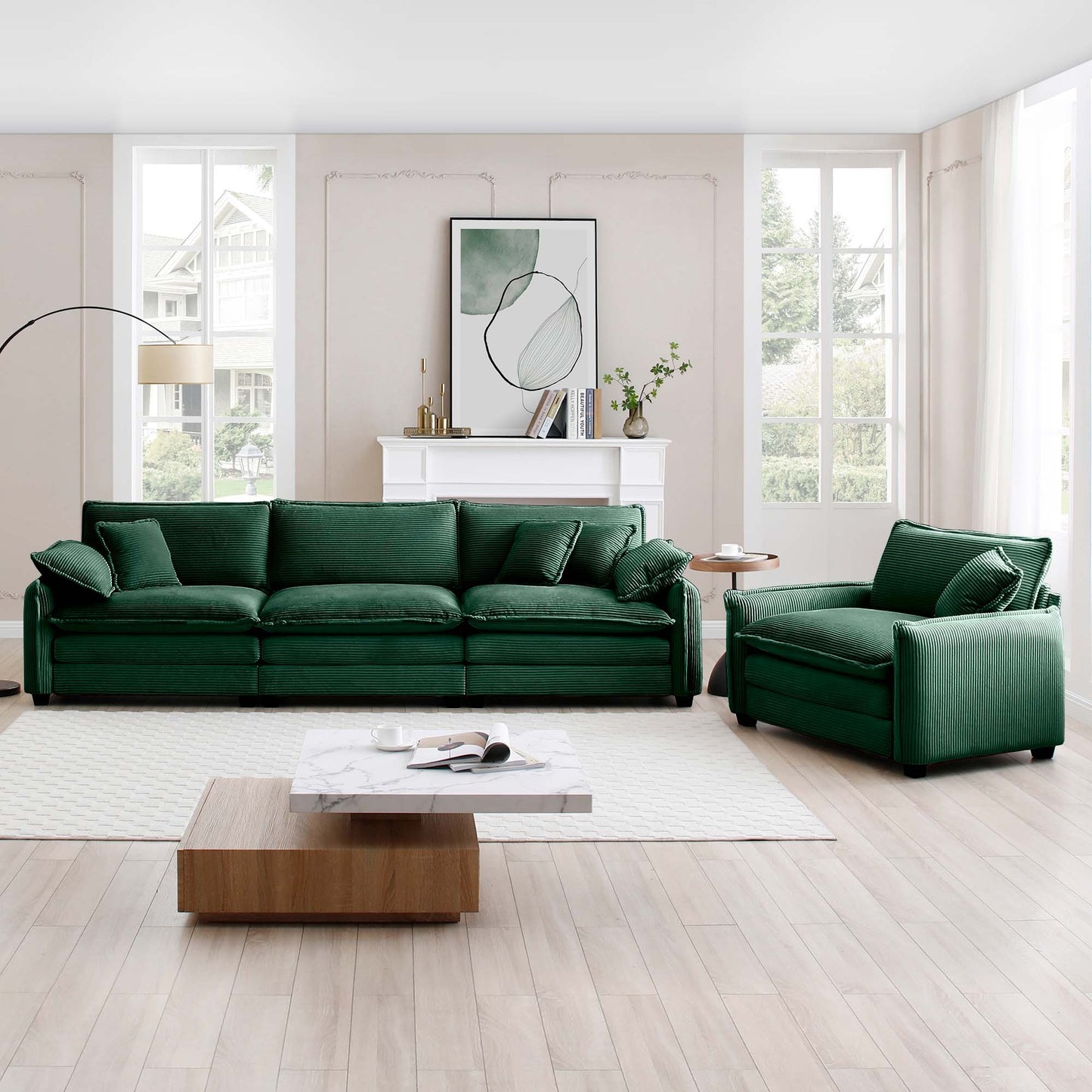 Mid-Century Modern Sofa Set of Two, One 3-Seater Sofa and One Single Seat Sofa with 2 Arm Pillows and 4 Throw Pillows,2 Pieces Sofa Set for Living Room,Green Corduroy Fabric