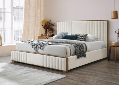 Kaleea Beige Chenille & Walnut Finish Queen Bed