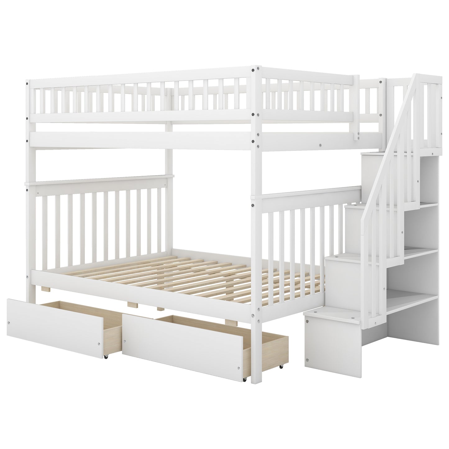 White Full Over Full Bunk Bed with Two Drawers and Storage, Pine Wood and MDF, 93.5''L x 57.5''W x 65.6''H