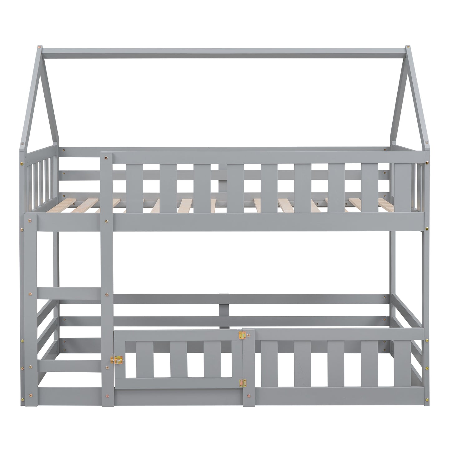 Belyndah Twin over Twin House Bunk Bed with Fence and Door, Grey
