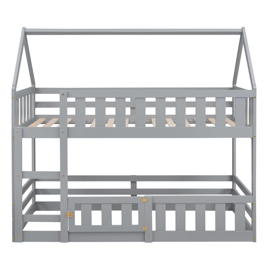 Belyndah Twin over Twin House Bunk Bed with Fence and Door, Grey