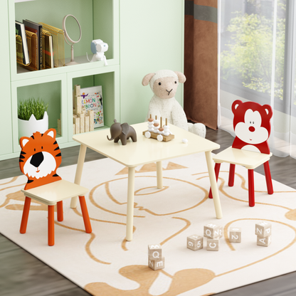 Kids Table and 2 Chairs Set, 3 Pieces Toddler Table and Chair Set, Wooden Activity Play Table Set (Bear&Tiger)