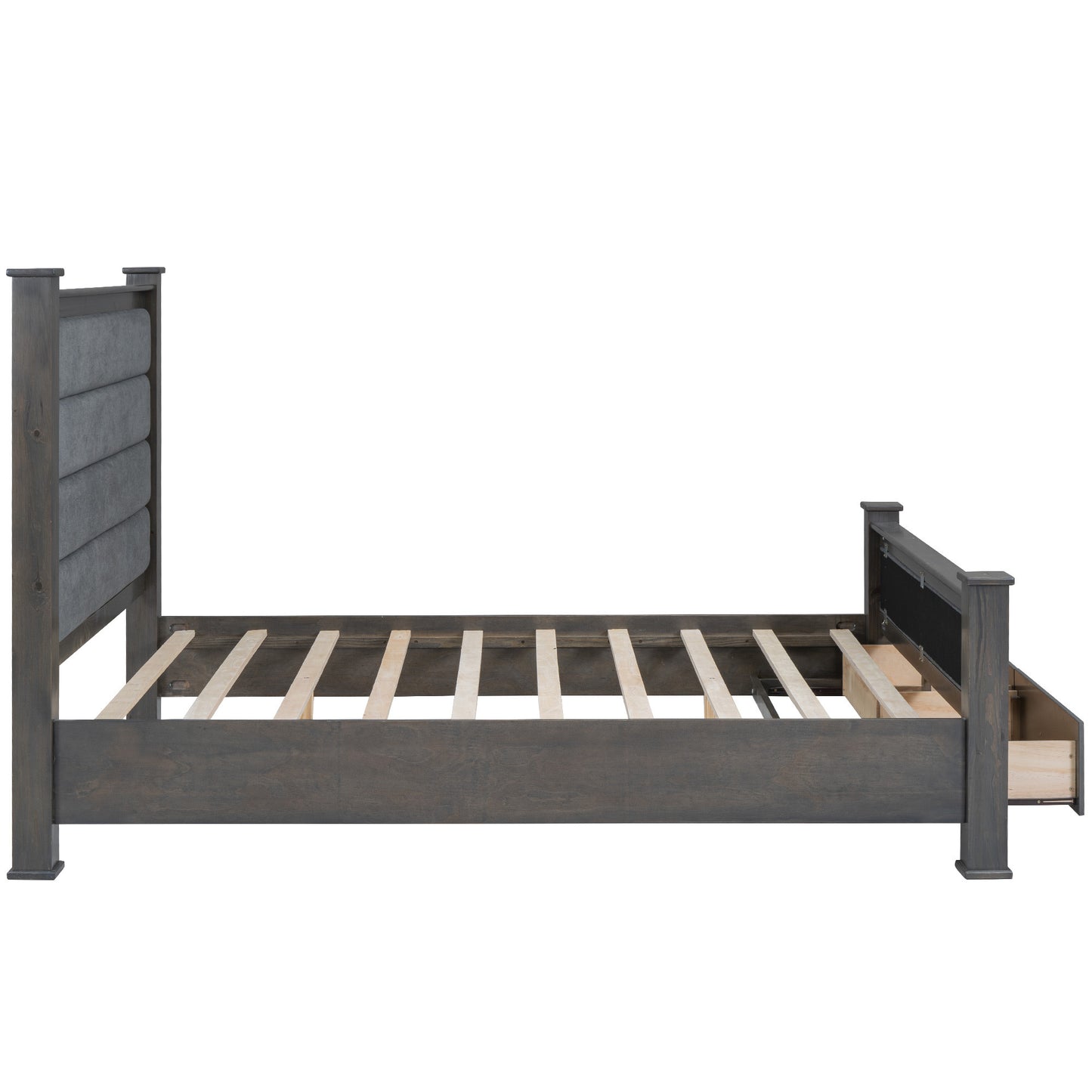 Queen Size Wood Frame Platform Bed with Upholstered Headboard, Footboard and 2 Drawers, Antique Gray