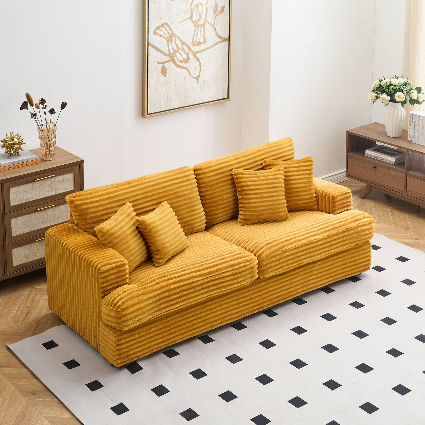 79.3 "long, corduroy sofa with 4 matching pillows, stylish design spacious and comfortable 3-seater sofa suitable for modern living room, orange color